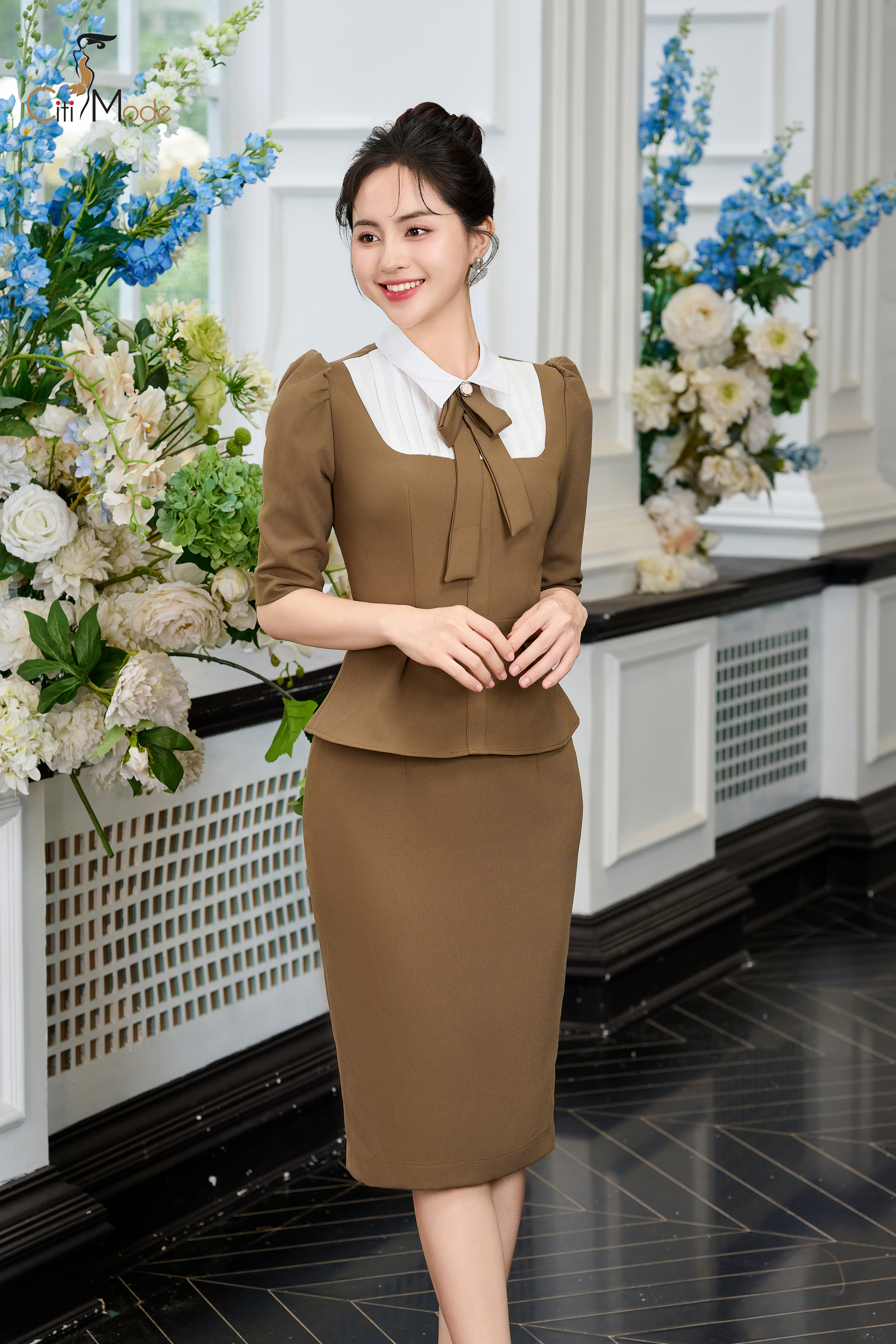 Đầm ôm peplum màu cafe phối cổ nơ_thumbnail_0