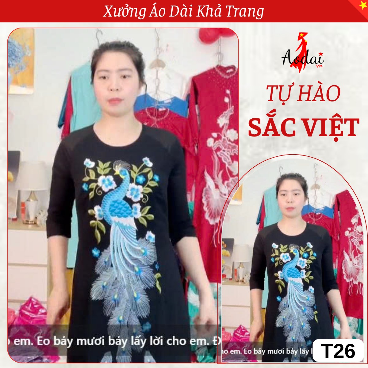 Bộ Áo Dài Thêu T26 màu Đen Thêu Công Xanh Cô Ban Cổ Tròn Tay Lỡ