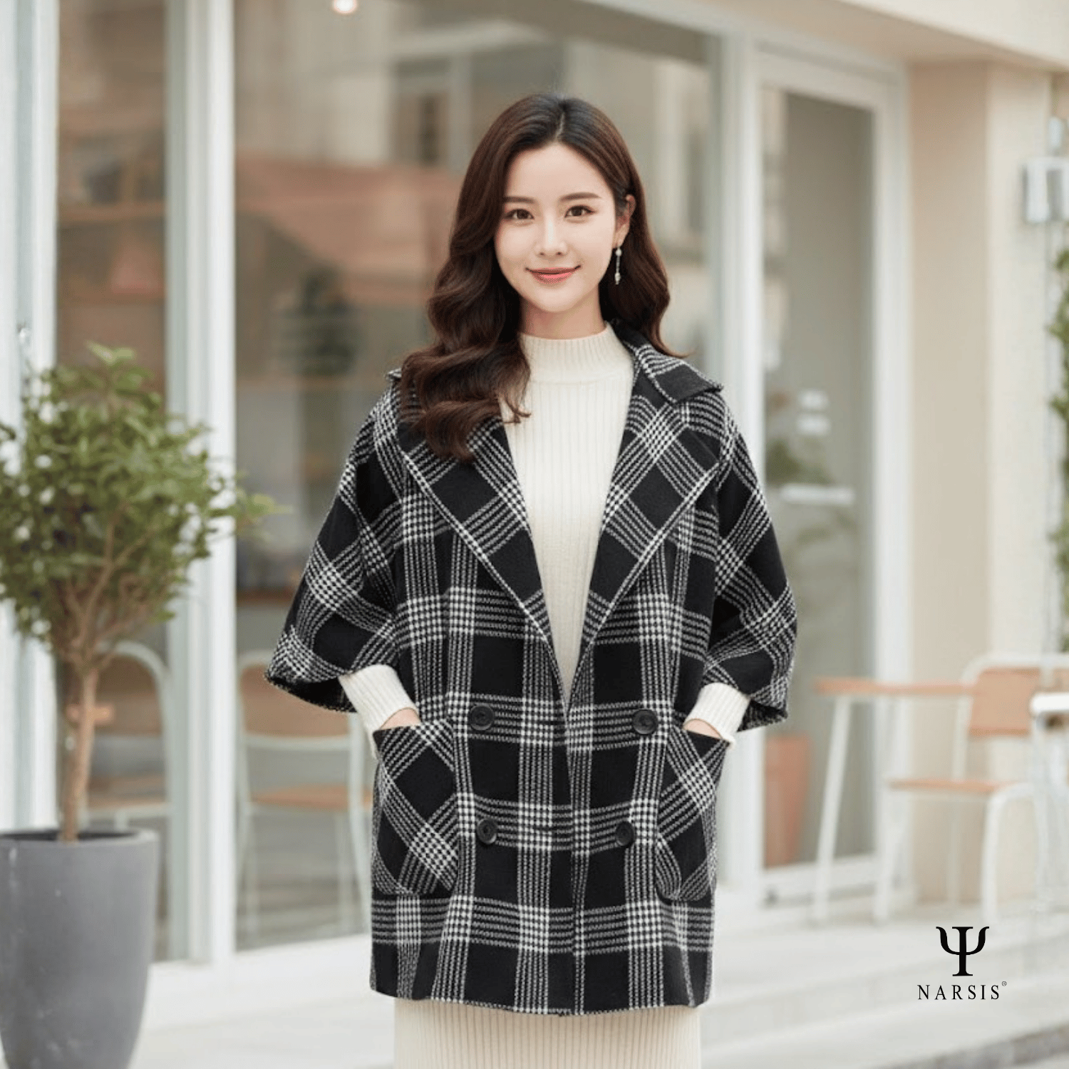 Áo Choàng Nữ Narsis, Kẻ Caro Đen Trắng, Chất Liệu Cao Cấp, Dễ Phối Đồ, Phong Cách Hiện Đại
