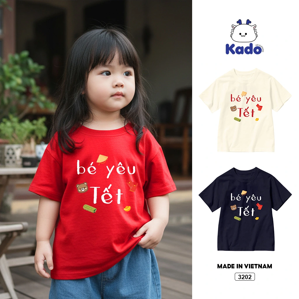 Áo thun bé yêu Tết Bính Ngọ Kado vải cotton dày dặn thoáng mát cổ tròn in mix 3002