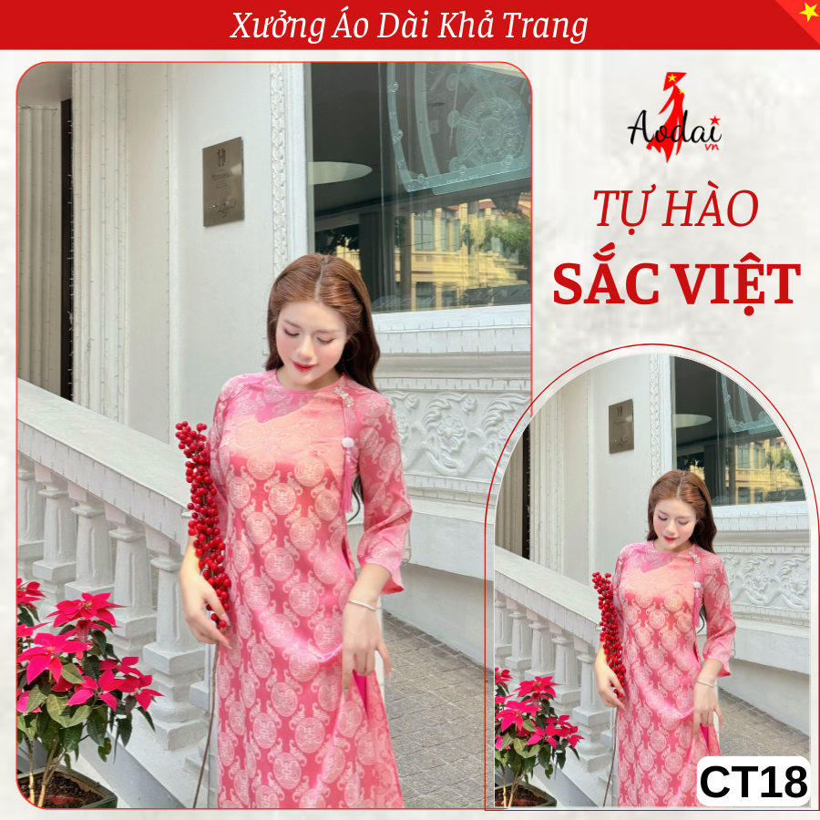 CT18 Áo Dài Cách Tân Gấm Dáng Suông màu Hồng Cam Cổ Tròn Tay Lỡ