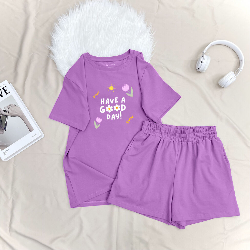 Bộ đồ nữ form rộng mùa hè gồm áo phông và quần đùi cotton-  LOZA G0075_thumbnail_1
