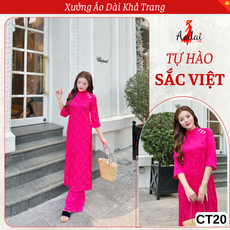 CT20 Áo Dài Cách Tân Gấm Dáng Suông màu Hồng Sen Cổ Cao 2cm Tay Lỡ_thumbnail_3
