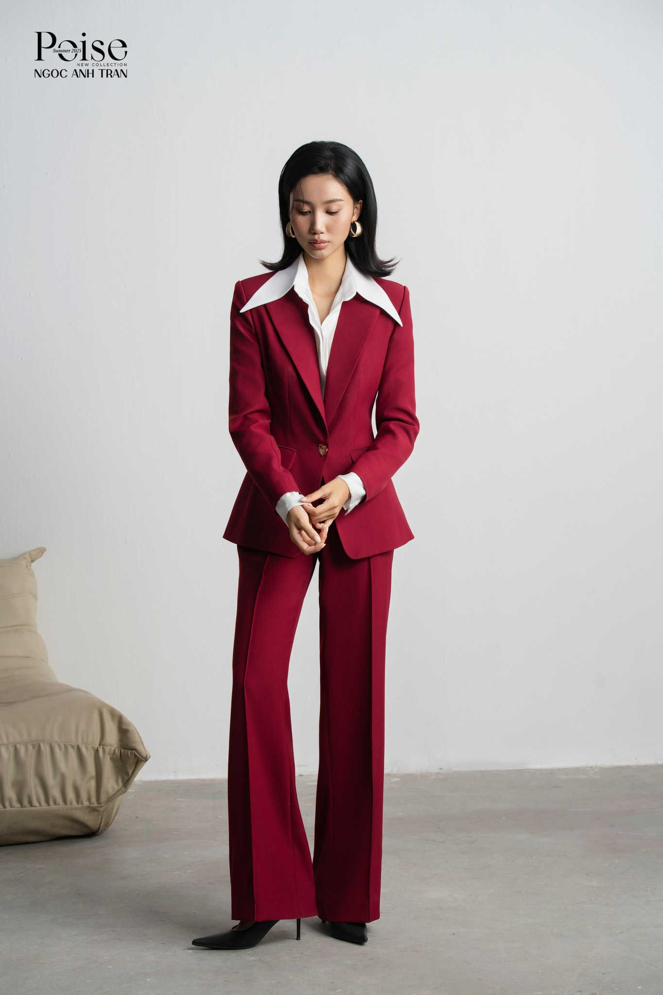 Set V044 - Set áo vest hồng maroon luxury phối quần ống loe cùng màu