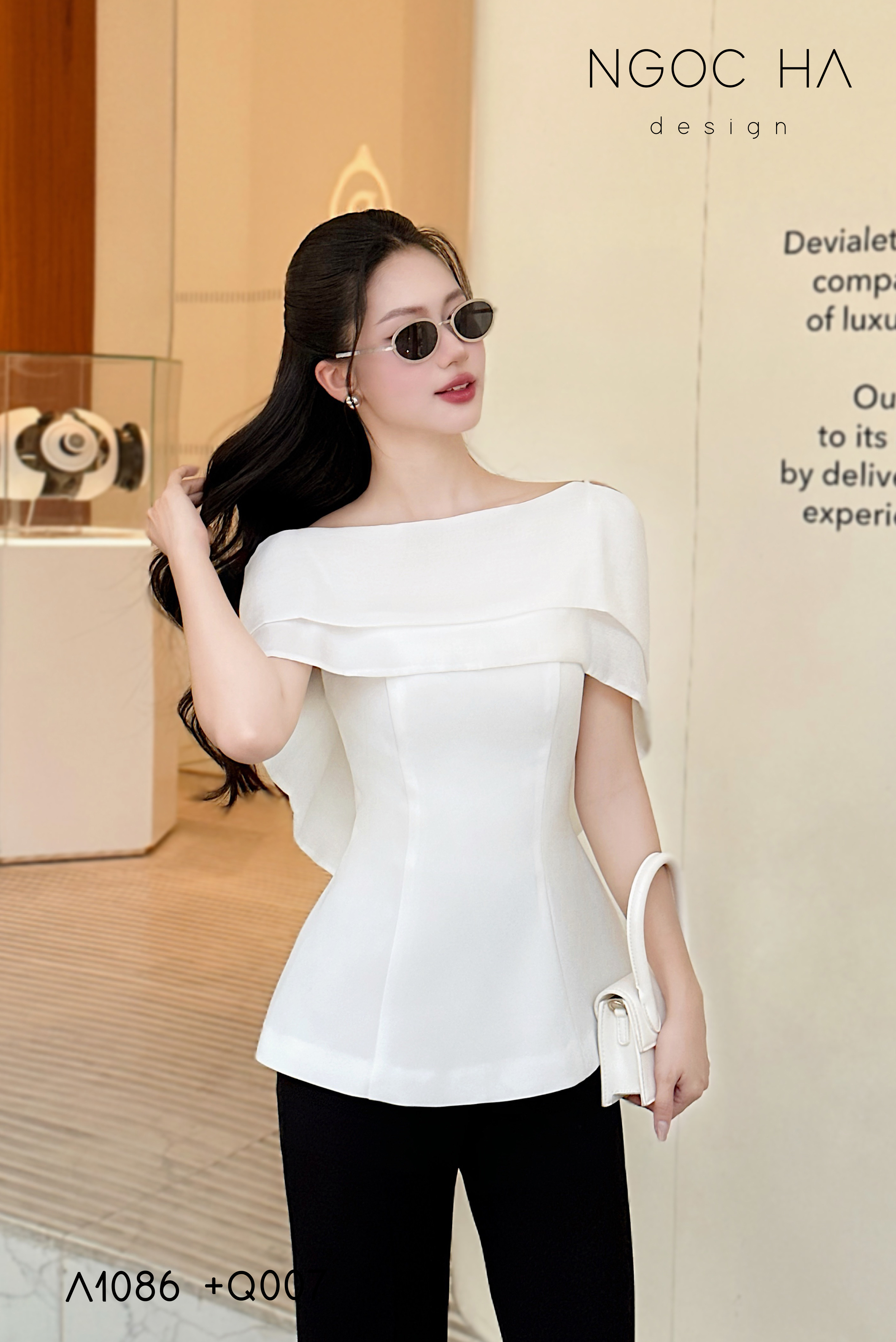 Meily Top_ Áo Peplum Mix Choàng Vai Vải Tơ Màu Trắng A1086