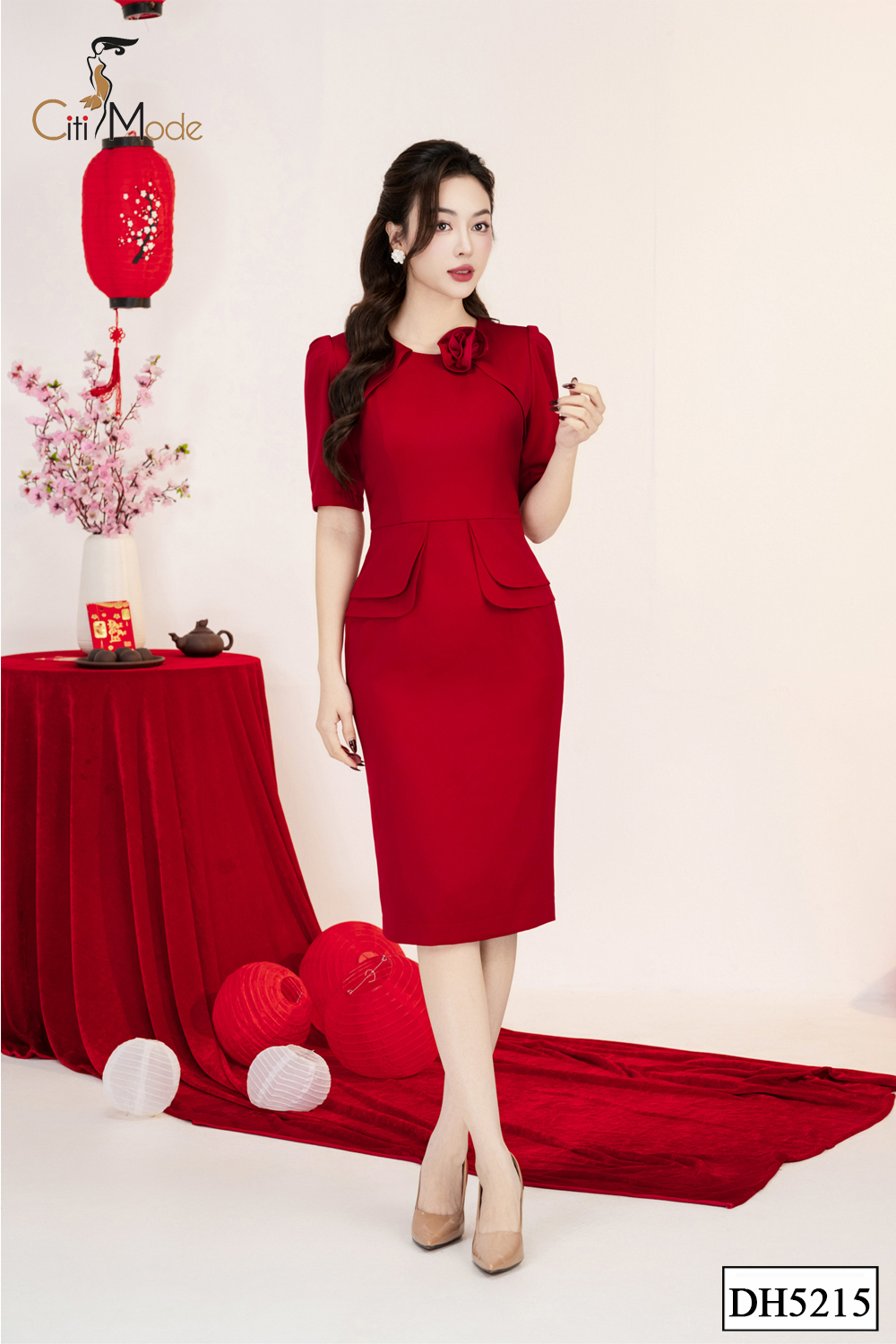 Đầm ôm peplum đỏ cổ đính hoa_thumbnail_2