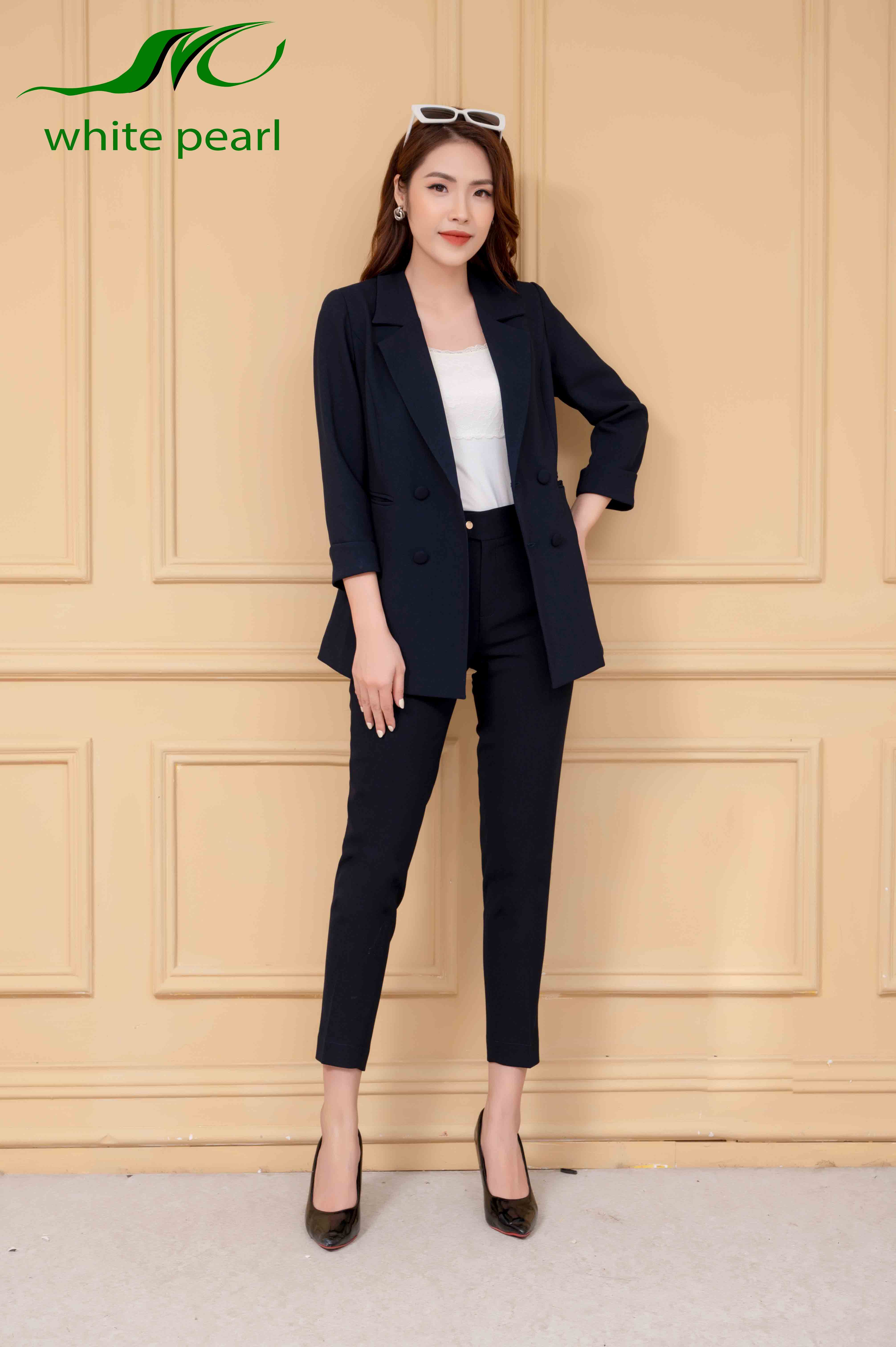 Bộ vest dáng dài kết hợp quần baggy thời trang công sở cao cấp White Pearl