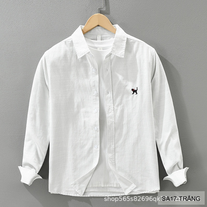 SA17 - Áo sơ mi nam dài tay thêu họa tiết mèo, form rộng, chất cotton 100%, phối sọc thời thượng