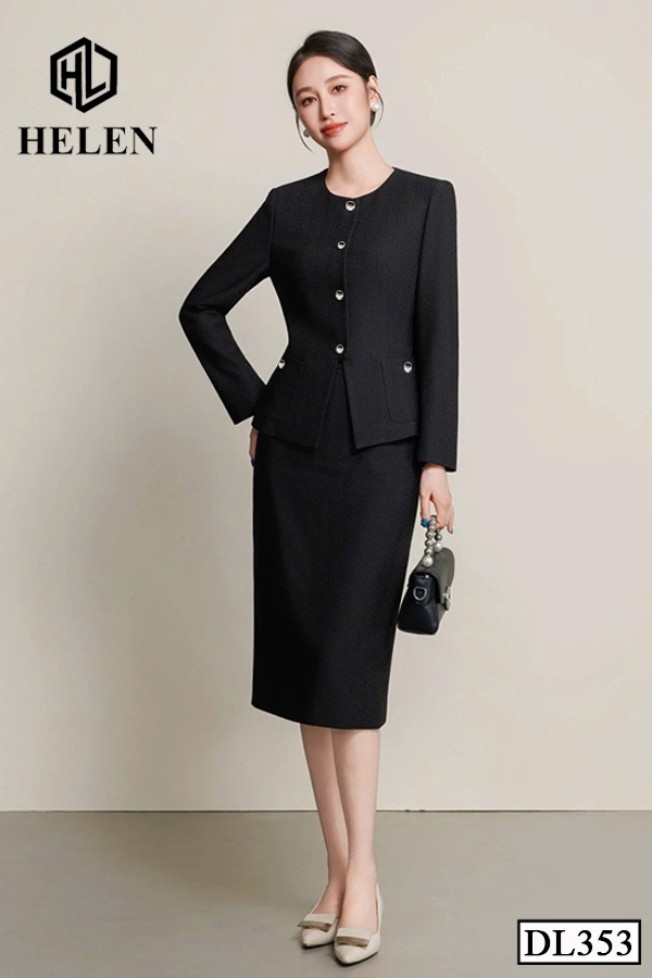 Đầm ôm peplum màu đen giả set cổ tròn DL353