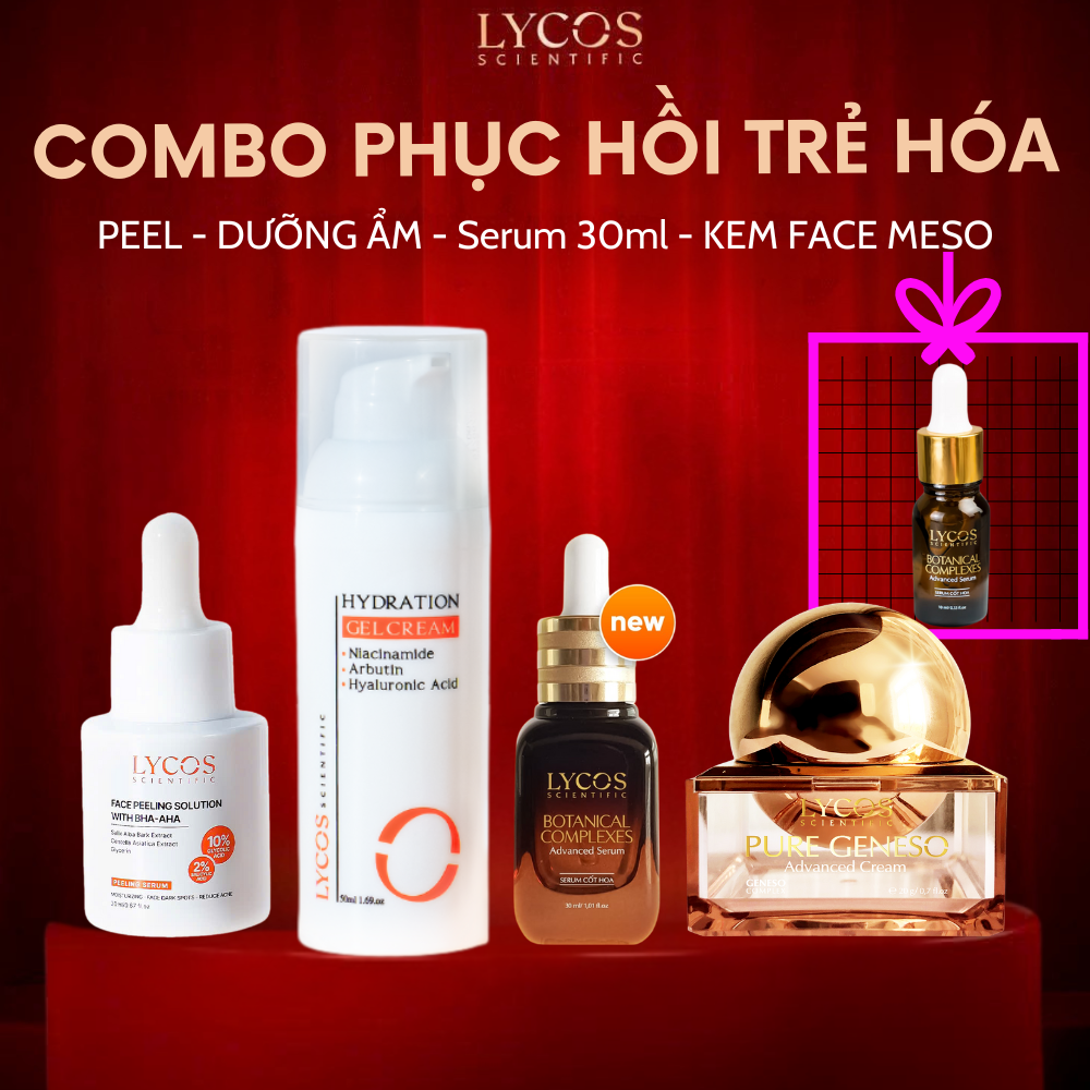 Combo Phục Hồi Trẻ Hóa 4 Bước Lycos – Peel Da, Gel Dưỡng Ẩm, Serum Cốt Hoa 30ml, Kem Face Meso – Mờ Thâm, Dưỡng Ẩm, Nâng Cơ, Căng Bóng Da