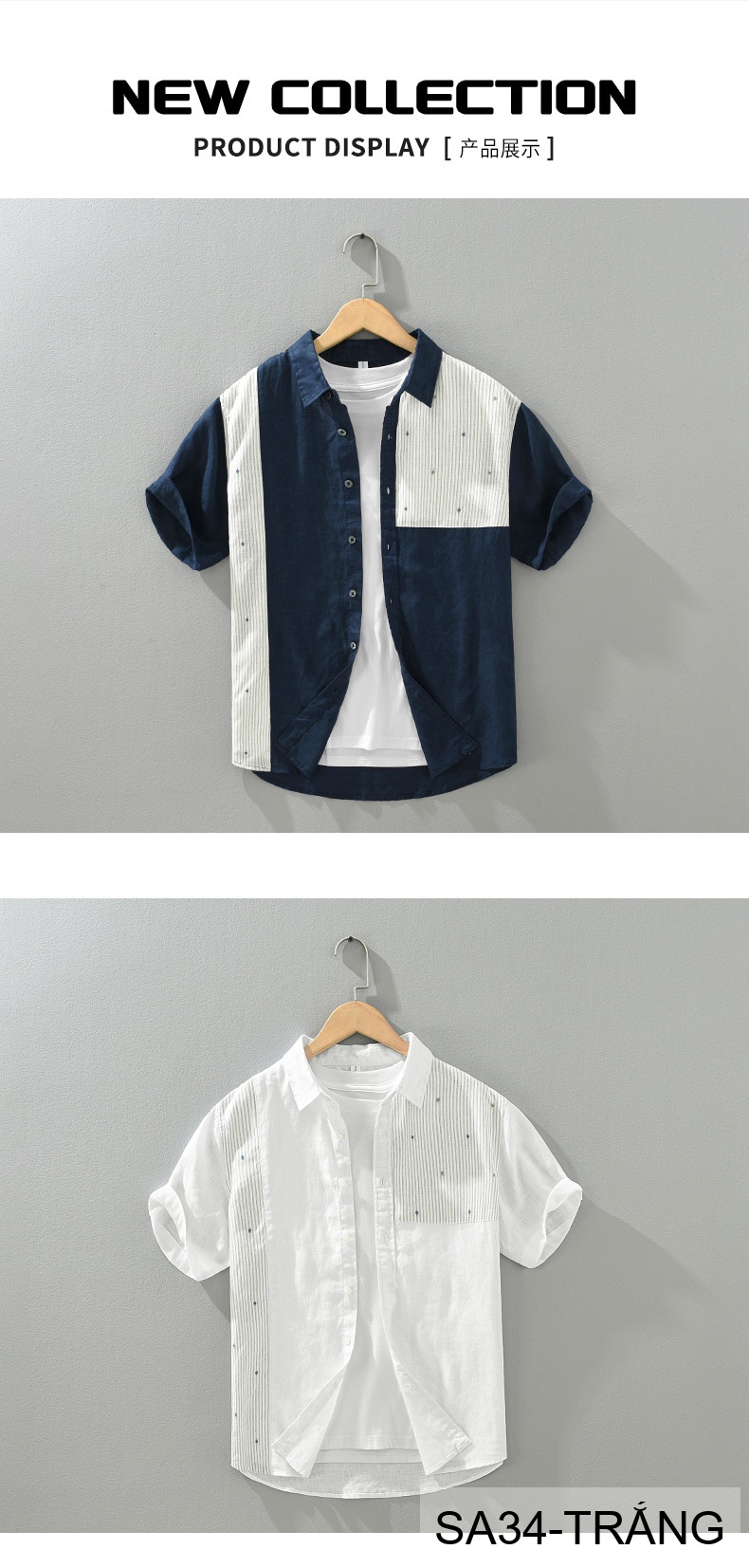 SA34 - Áo sơ mi nam tay ngắn vải lanh thoáng mát phong cách Nhật Bản kẻ sọc phối màu trắng xanh ngọc_thumbnail_9