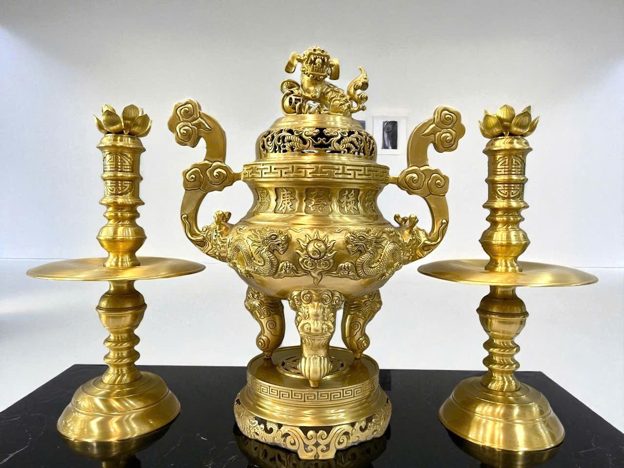 Bộ đỉnh thờ ngũ sự cao 70cm đồng vàng thau màu mộc _thumbnail_6