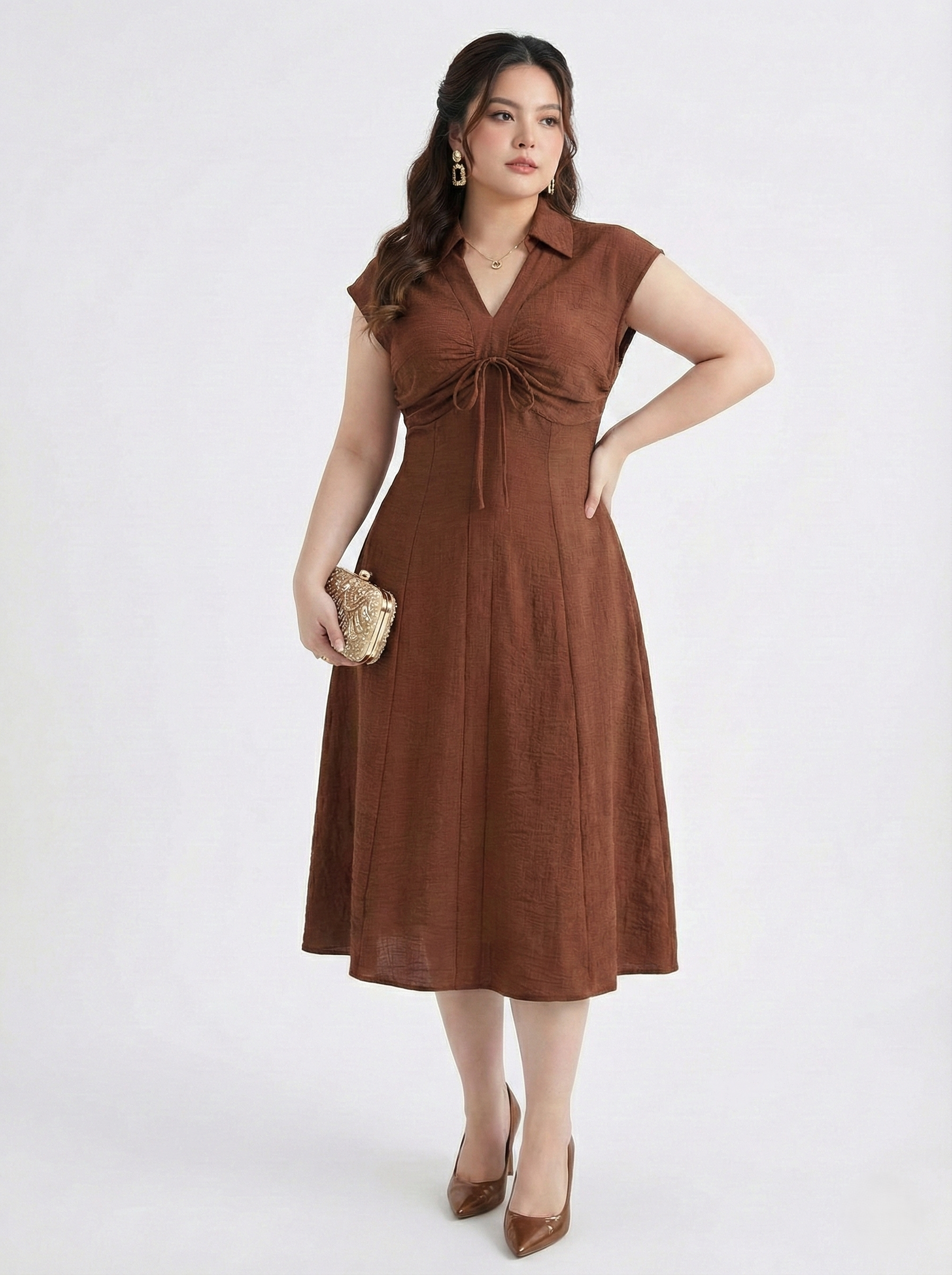 Đầm dáng dài phối nơ cùng xếp ly ngực bigsize DA177