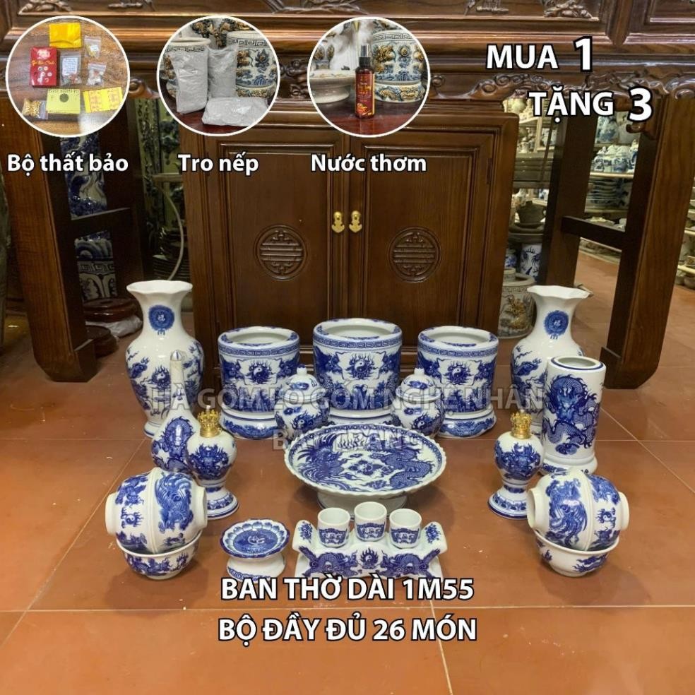 HG359 Đồ Thờ Cúng Bộ 26 món ban thờ 1M55 men lam nghệ nhân Bát Tràng chế tác TẶNG Thất Bảo, Tro Nếp