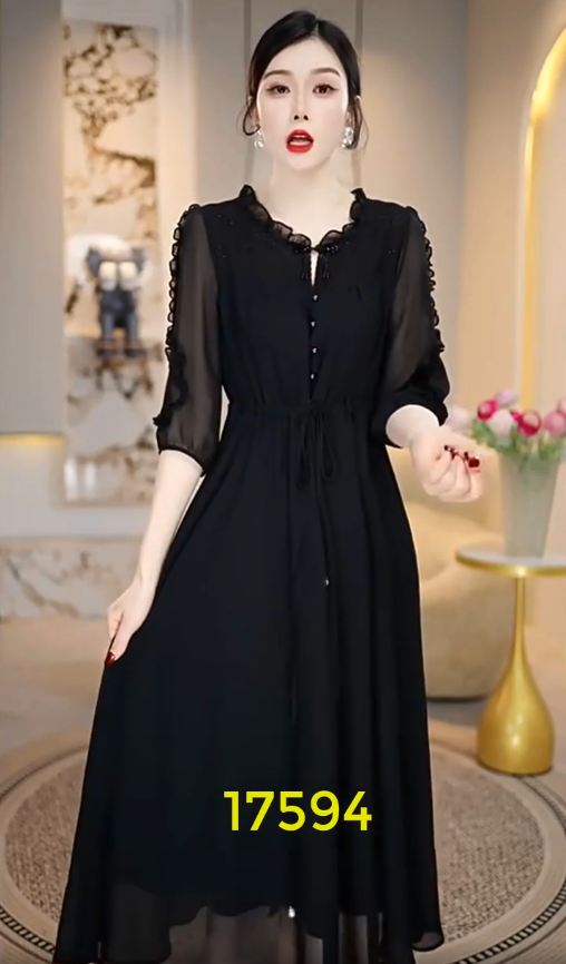 17594-Đầm voan  xoè  tay lở cổ  nhún  eo  thắt  dây  rút ( voan, lót)_thumbnail_0