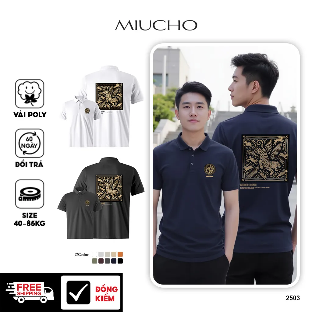 Áo polo nam form vừa Tiger 2502 Miucho Iconic chất vải cá sấu thoáng mát cổ trụ in graphic