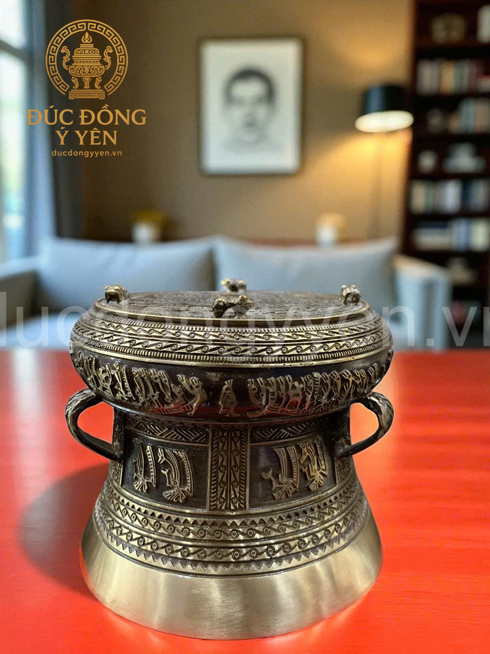 Quả trống quà tặng đúc đồng vàng thau làm màu giả cổ_thumbnail_3