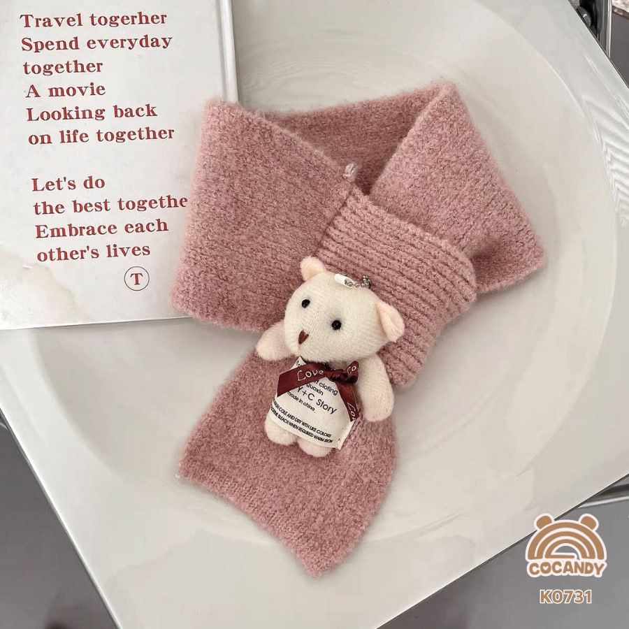 Khăn len nhập HỒNG gấu BE nơ