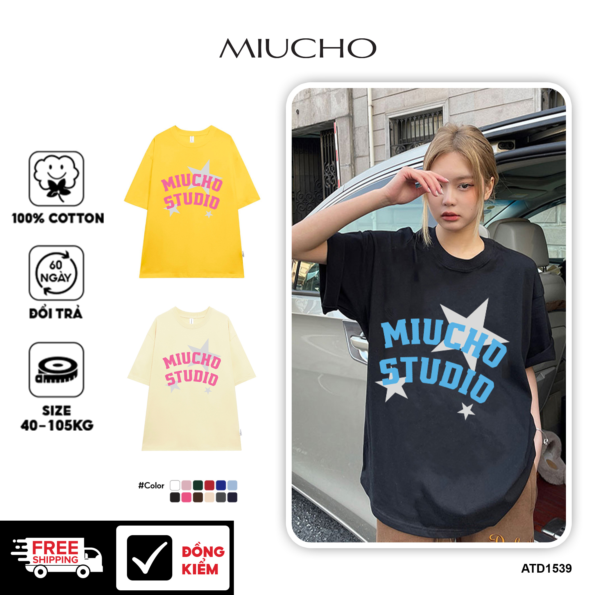 Áo thun nữ form rộng local brand ATD1539 Miucho vải cotton thoáng mát cổ tròn in mix