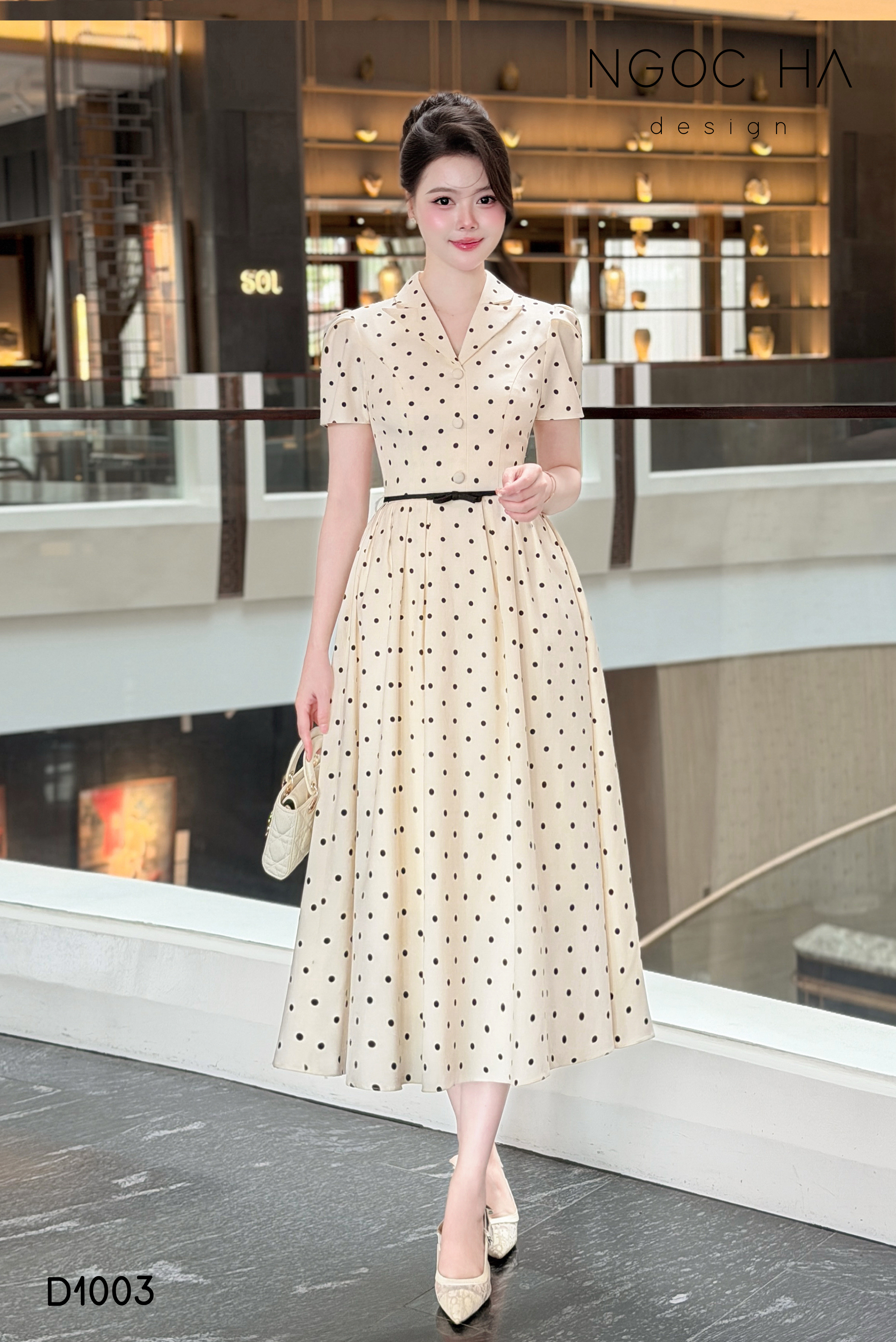 Lamia Dress_ Đầm Chấm Bi Cổ Vest Màu Kem D1003