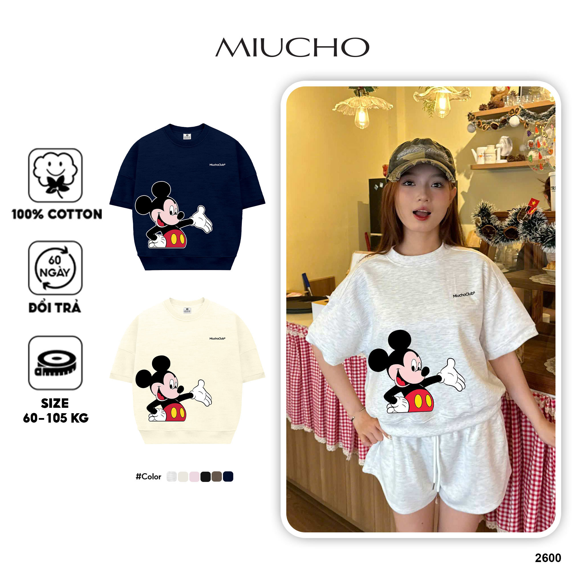 Áo sweater boxy nữ tay ngắn hình chuột mickey 2600 Miucho vải nỉ 2 da thoáng mát tay ngắn cổ tròn in mix_thumbnail_1