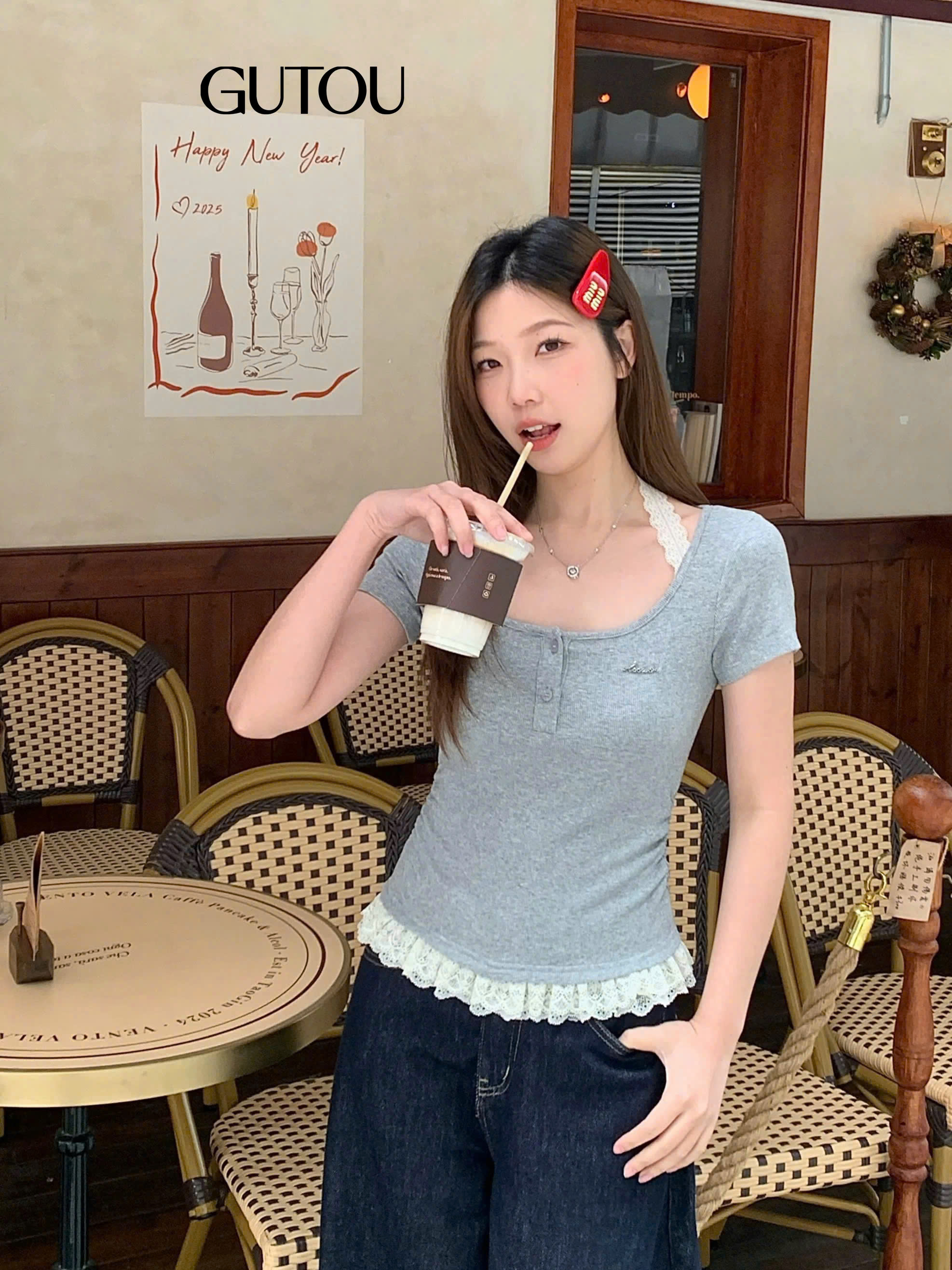 [GUTOU] Áo thun gân tăm phối ren cổ vuông_thumbnail_8