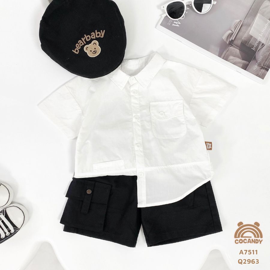 Áo cộc sơ mi TRẮNG phối túi ngực có nắp túi đuôi tôm_thumbnail_3