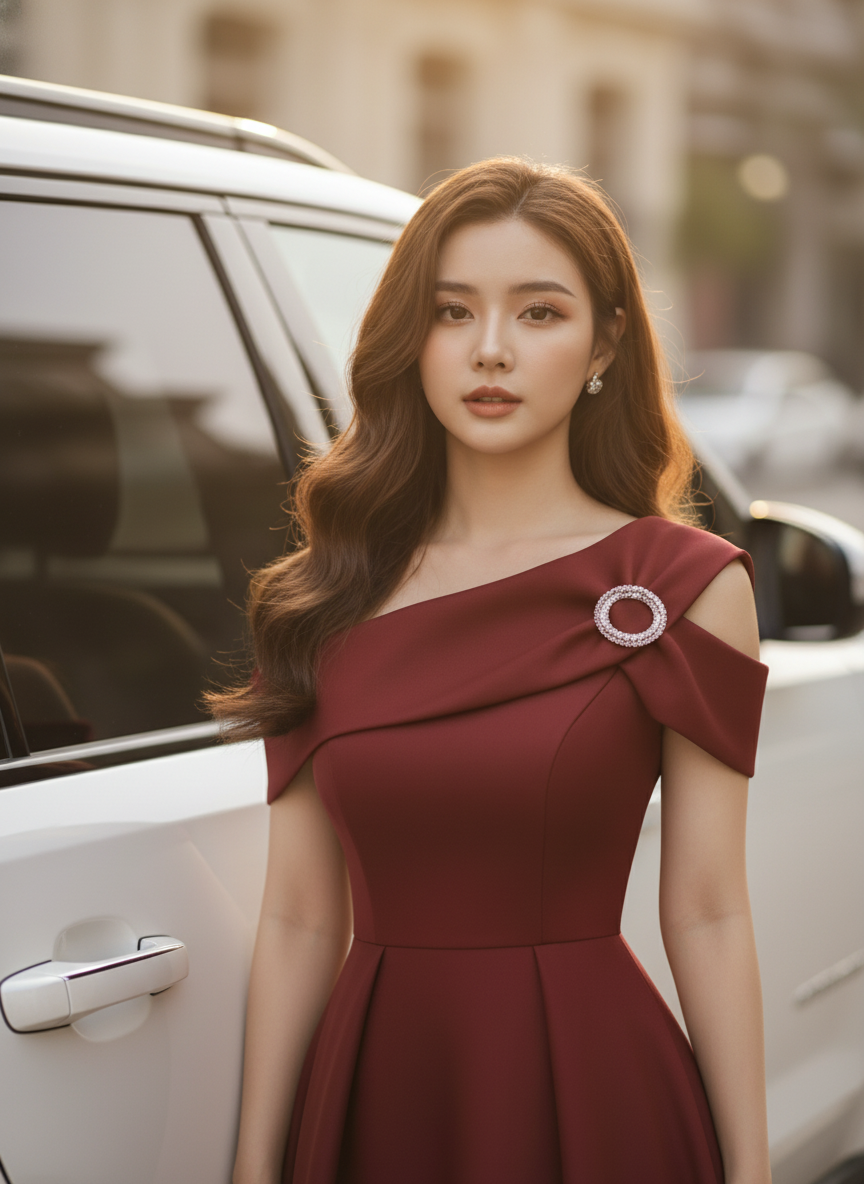 PVA005  ĐẦM ĐỎ LỆCH VAI ĐÍNH NGỌC