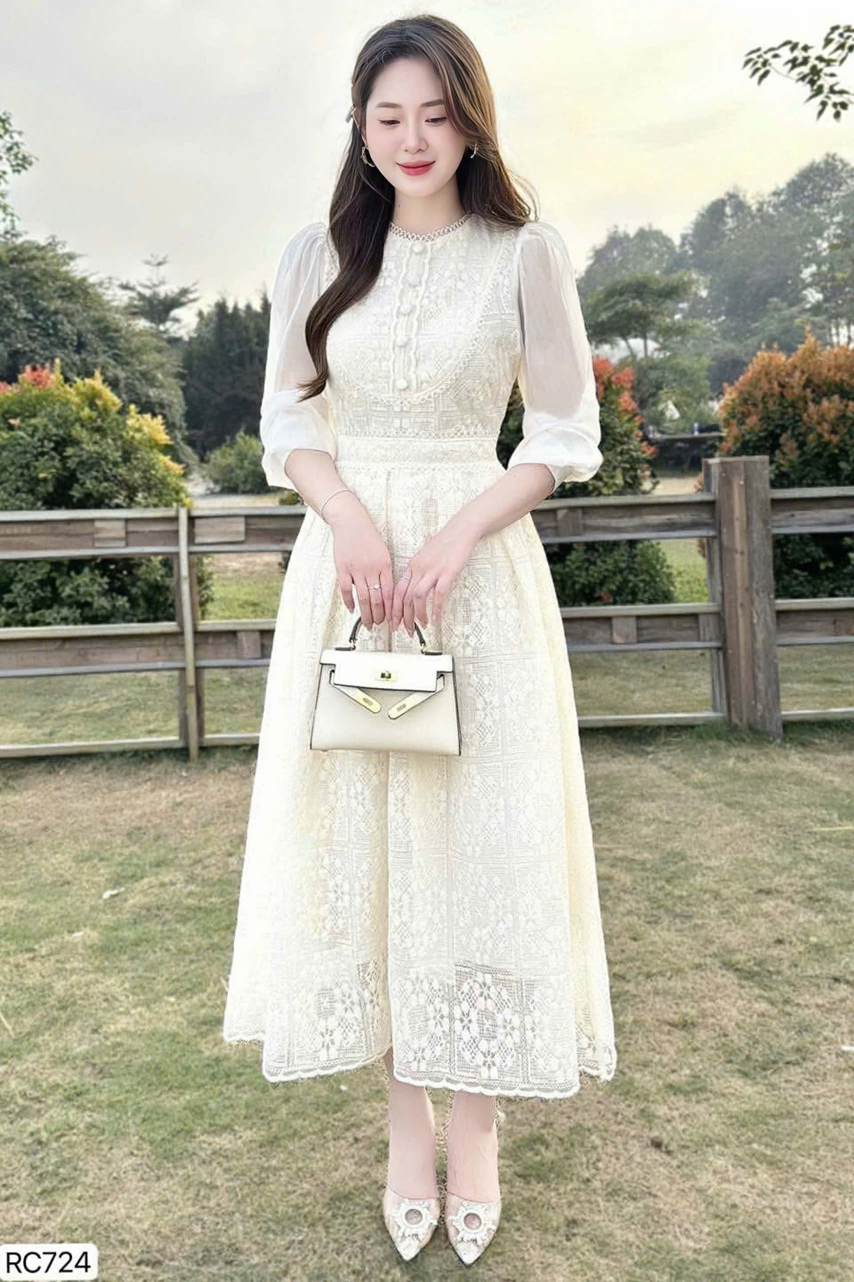 Đầm ren tay dai phối tơ RC724