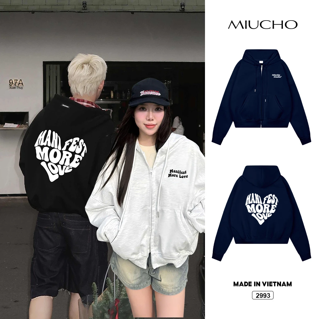 Áo hoodie zip boxy couple hình phối chữ dễ thương Miucho Club nỉ 2 da thoáng mát dày dặn 2993