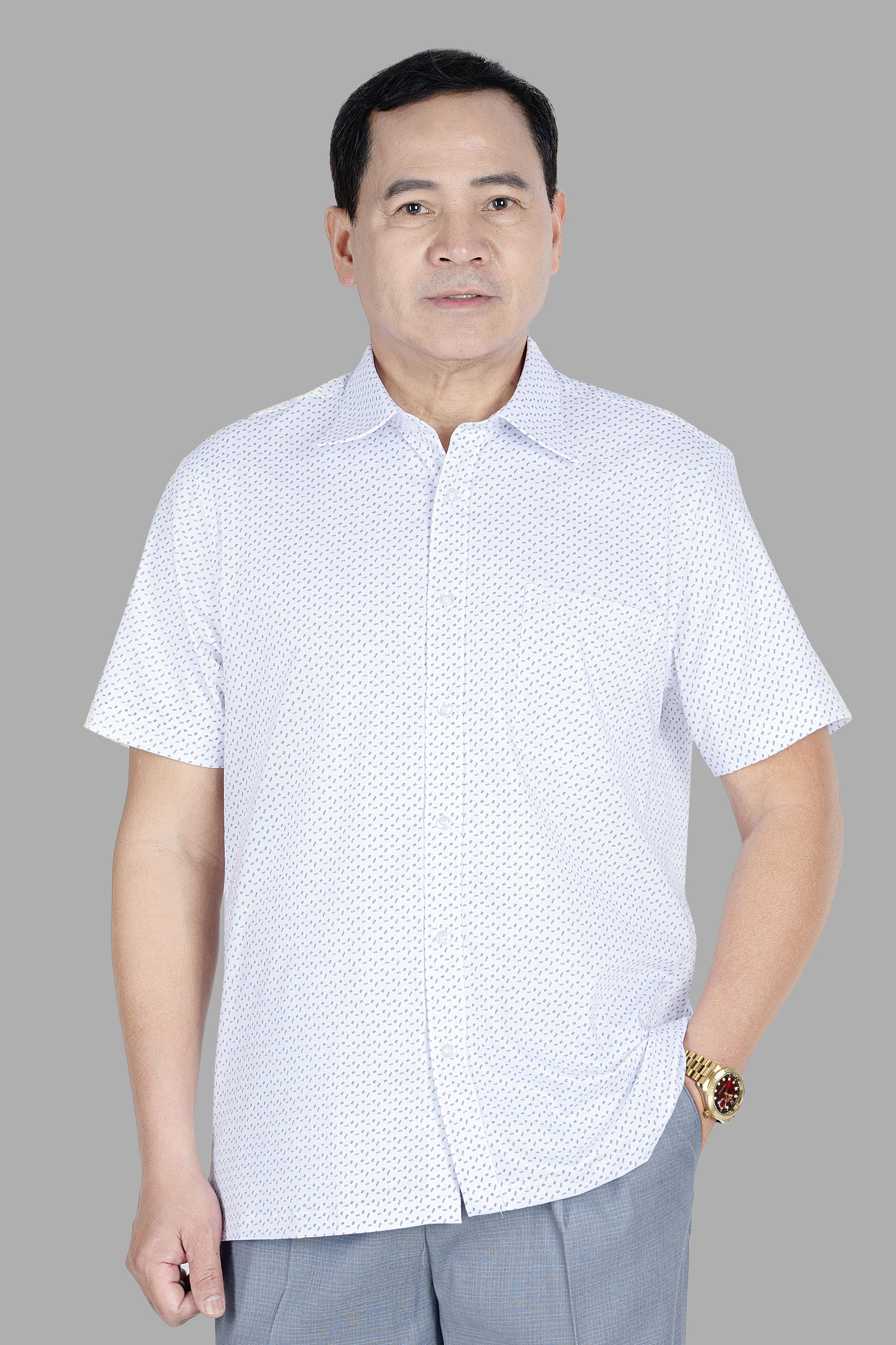 Sơ Mi Cộc Tay Họa Tiết Nam Trung Niên ANCHI Chất Liệu Sợi Sồi Cao Cấp Phom Suông Vạt Ngang Màu Trắng Phẩy