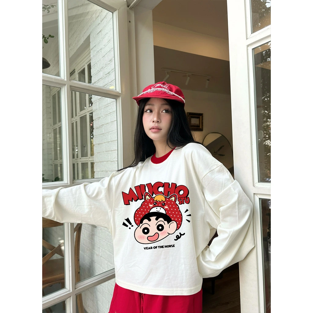 Áo thun boxy tay dài phối cổ be đỏ hoạt hình dễ thương Miucho vải dày dặn thoáng mát 2979_thumbnail_3