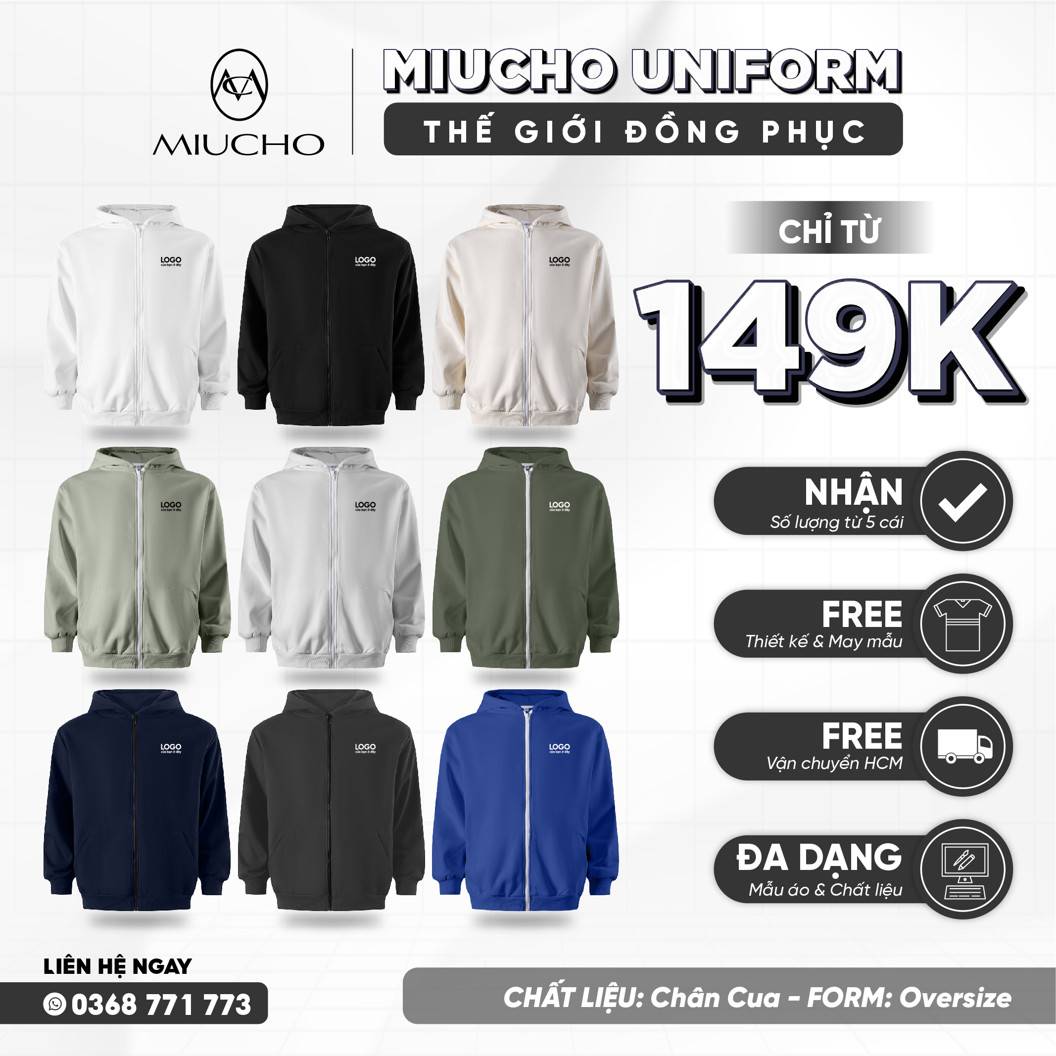 Áo hoodie zip trơn nữ form rộng HZT01 Miucho chân cua