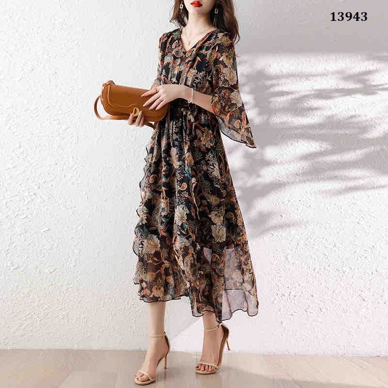 13943-Đầm voan xòe  tay lở  thắt nơ chéo in hoa (  voan , lót)FREESHIP_thumbnail_2