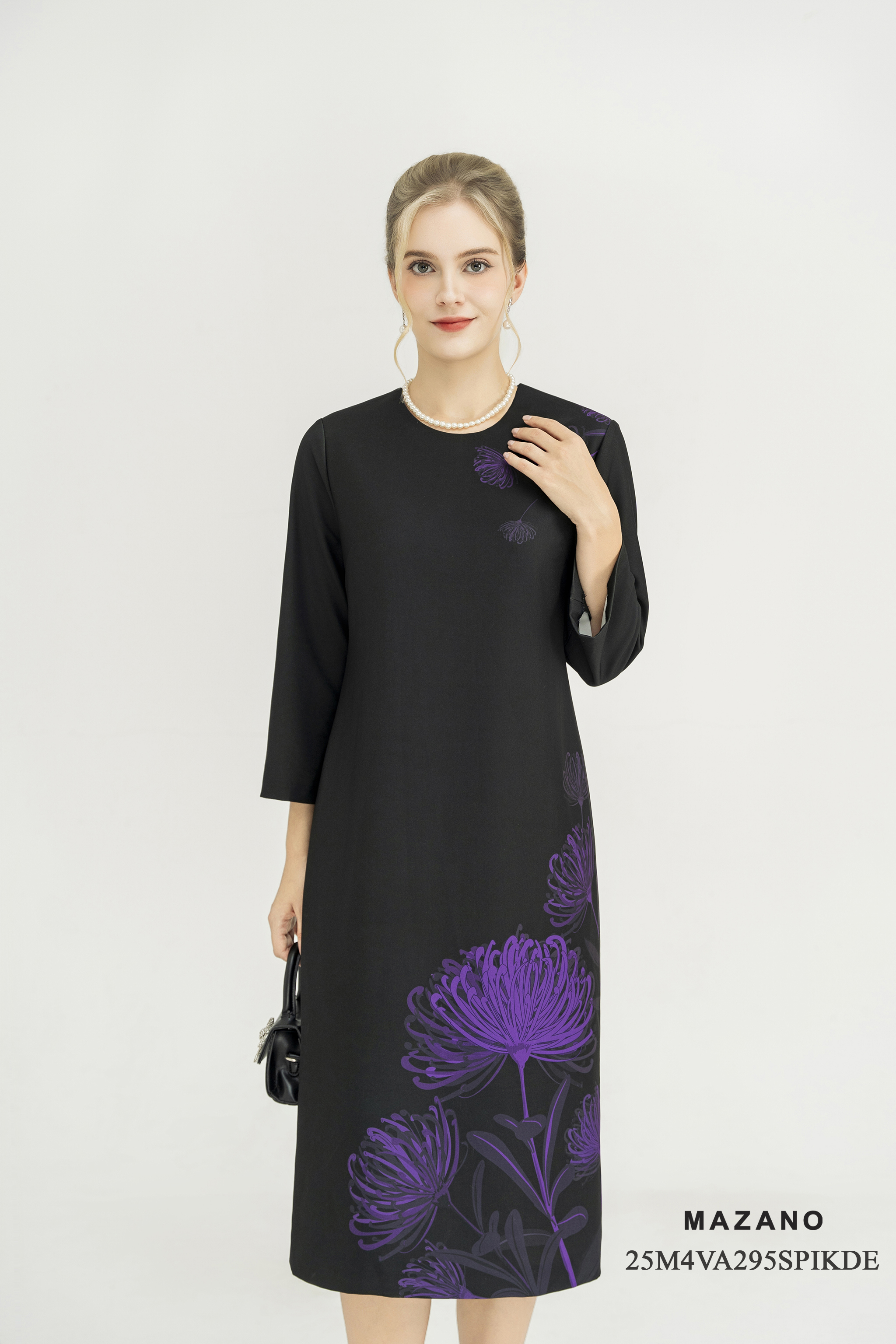 Váy Đầm Suông Vải thô dày Hoạ tiết hoa tím  Cổ tròn Tay dài Dài đến bắp chân_thumbnail_2