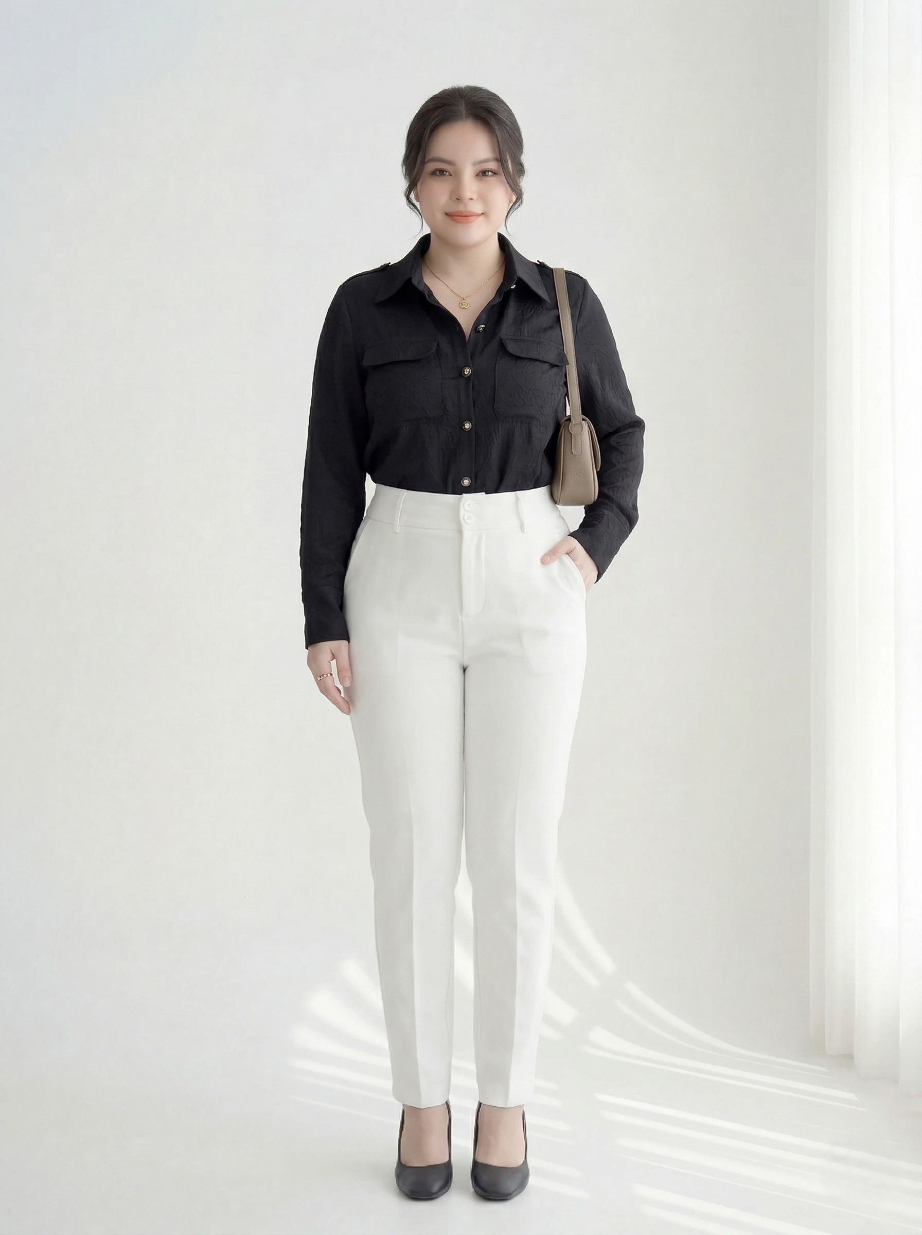 BIGSIZZE NỮ - Áo sơ mi lụa phối nắp túi dành cho nàng béo từ 55-90kg V-AK099