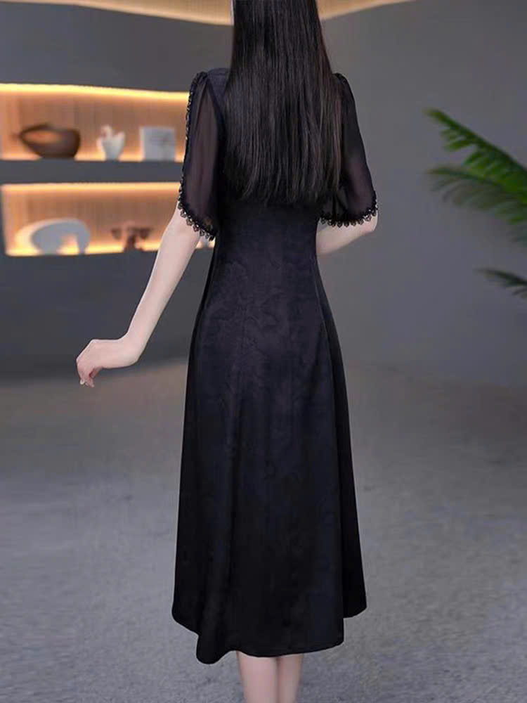 18166-Đầm lụa đen phối tay  voan viền ren cổ tàu cách điệu ( lụa,voan)_thumbnail_2