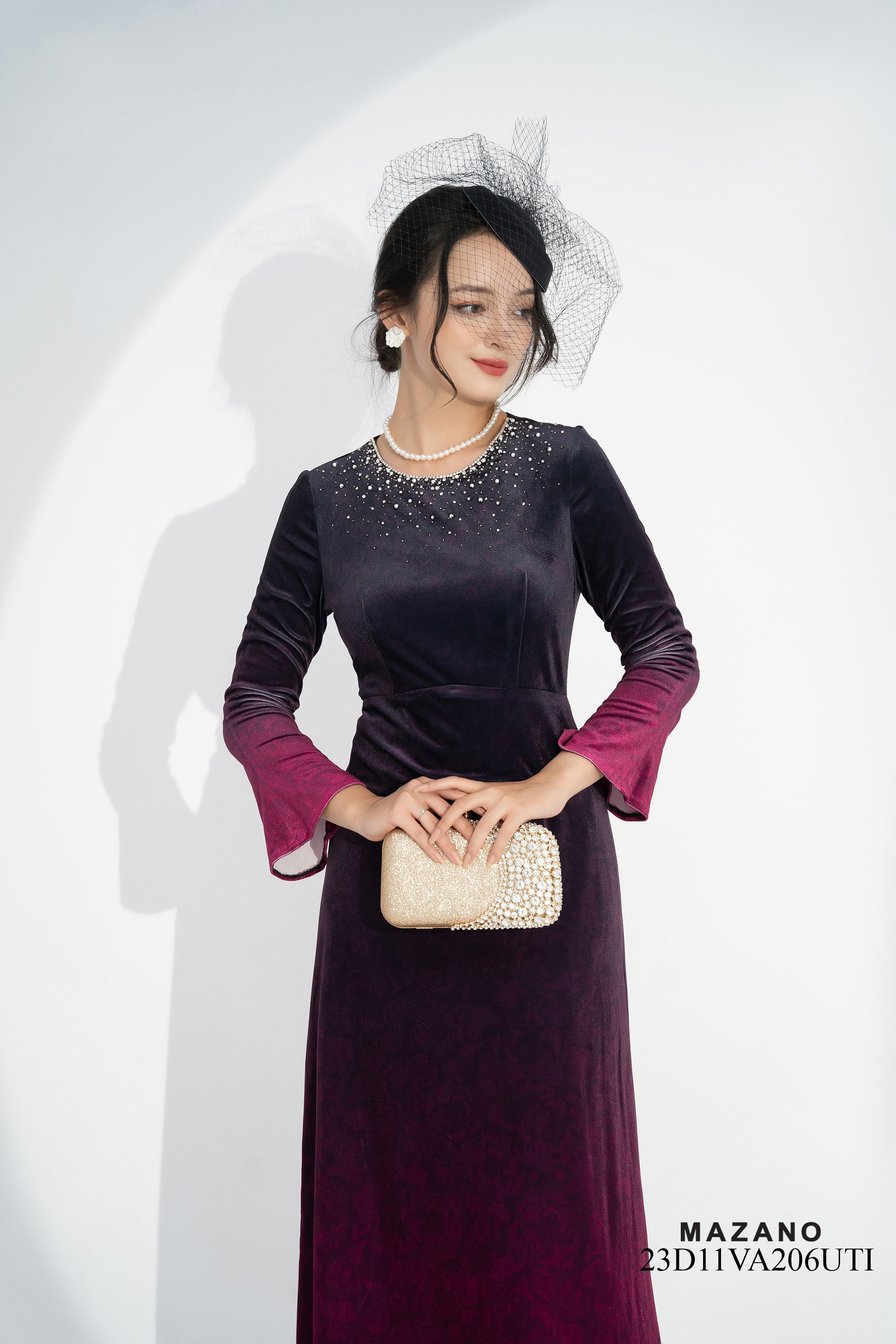 Váy Đầm ôm Chân rủ Vải nhung Họa tiết in chìm ombre Cổ tròn đính đá Tay dài Dài trên mắt cá chân_thumbnail_2