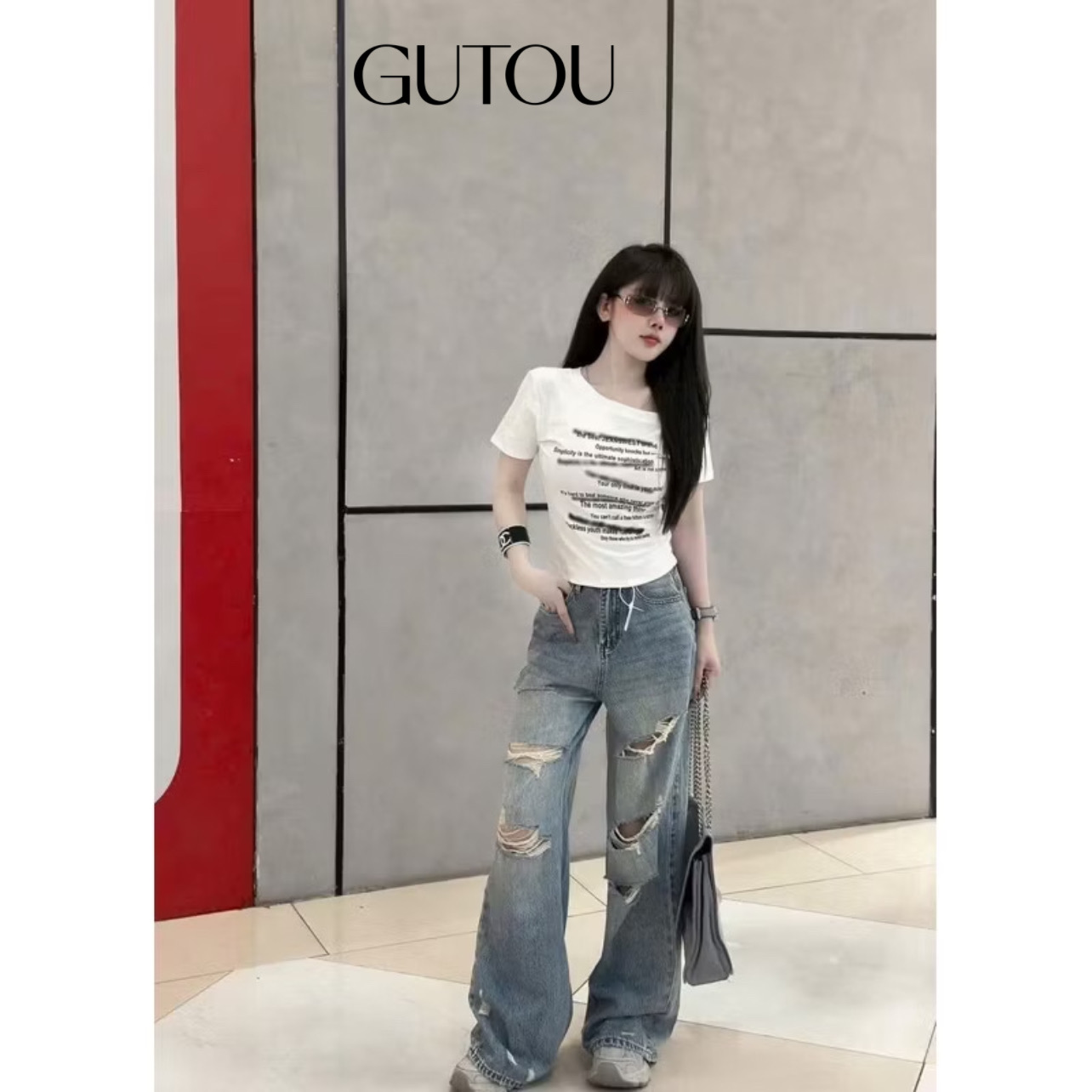 [ GUTOU ] Áo Thun Lệch Vai In Chữ Cá Tính_thumbnail_1