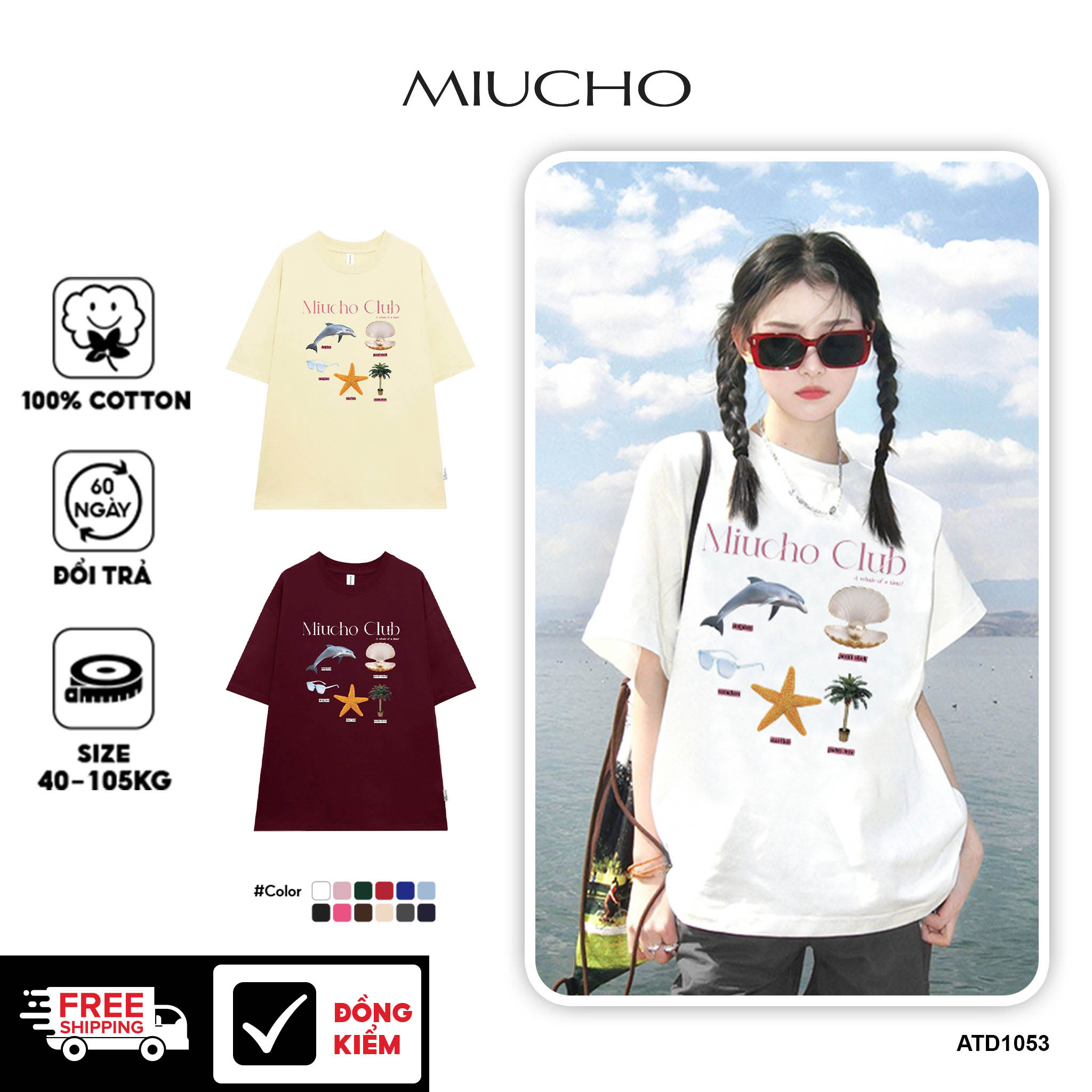 Áo thun đi biển form rộng mùa hè unisex ATD1053 Miucho tay lỡ cổ tròn in mix
