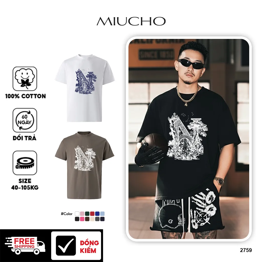 Áo thun form rộng Miucho Iconic vải cotton dày dặn thoáng mát tay ngắn cổ tròn in chữ cái N 2759