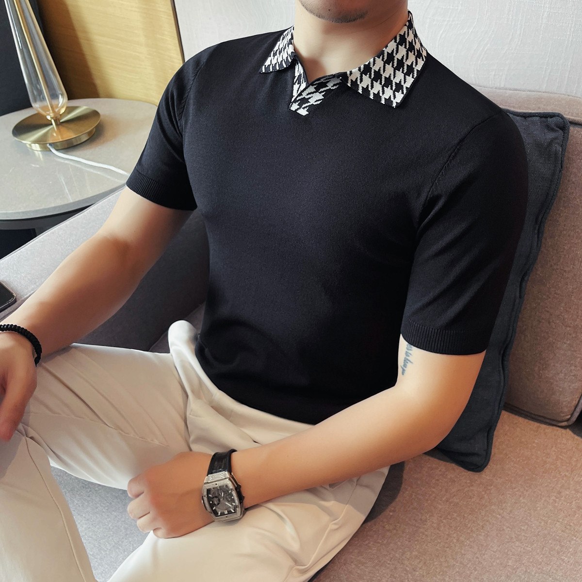 PA54 – Áo polo nam dệt kim sọc cổ trụ ôm body