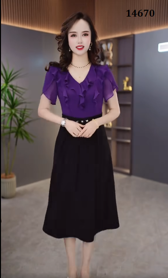 14670-Đầm xòe A phối hai màu tím đen cách điệu ( voan, poly 2  da)_thumbnail_3