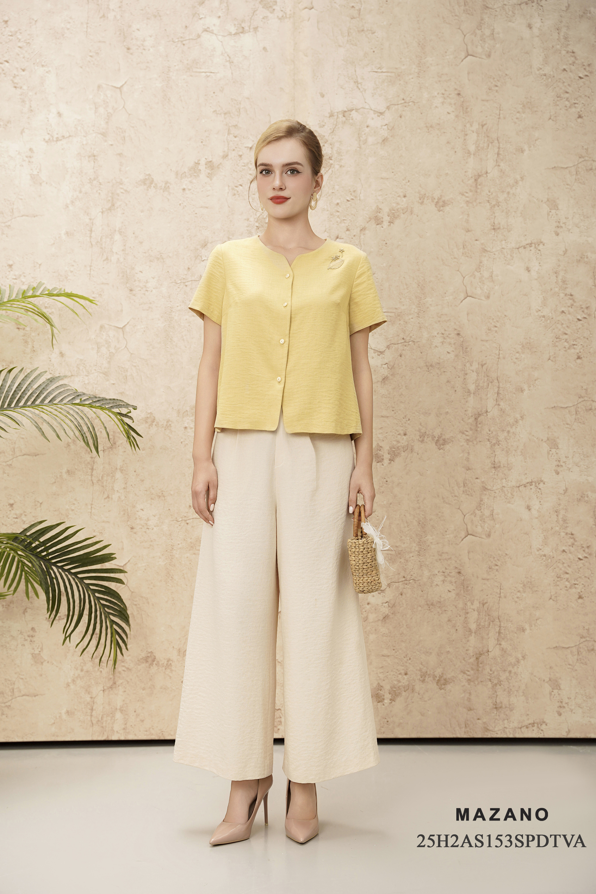 Áo suông cài khuy Vải linen màu vàng kem không Cổ Tay ngắn Dài áo qua eo_thumbnail_4