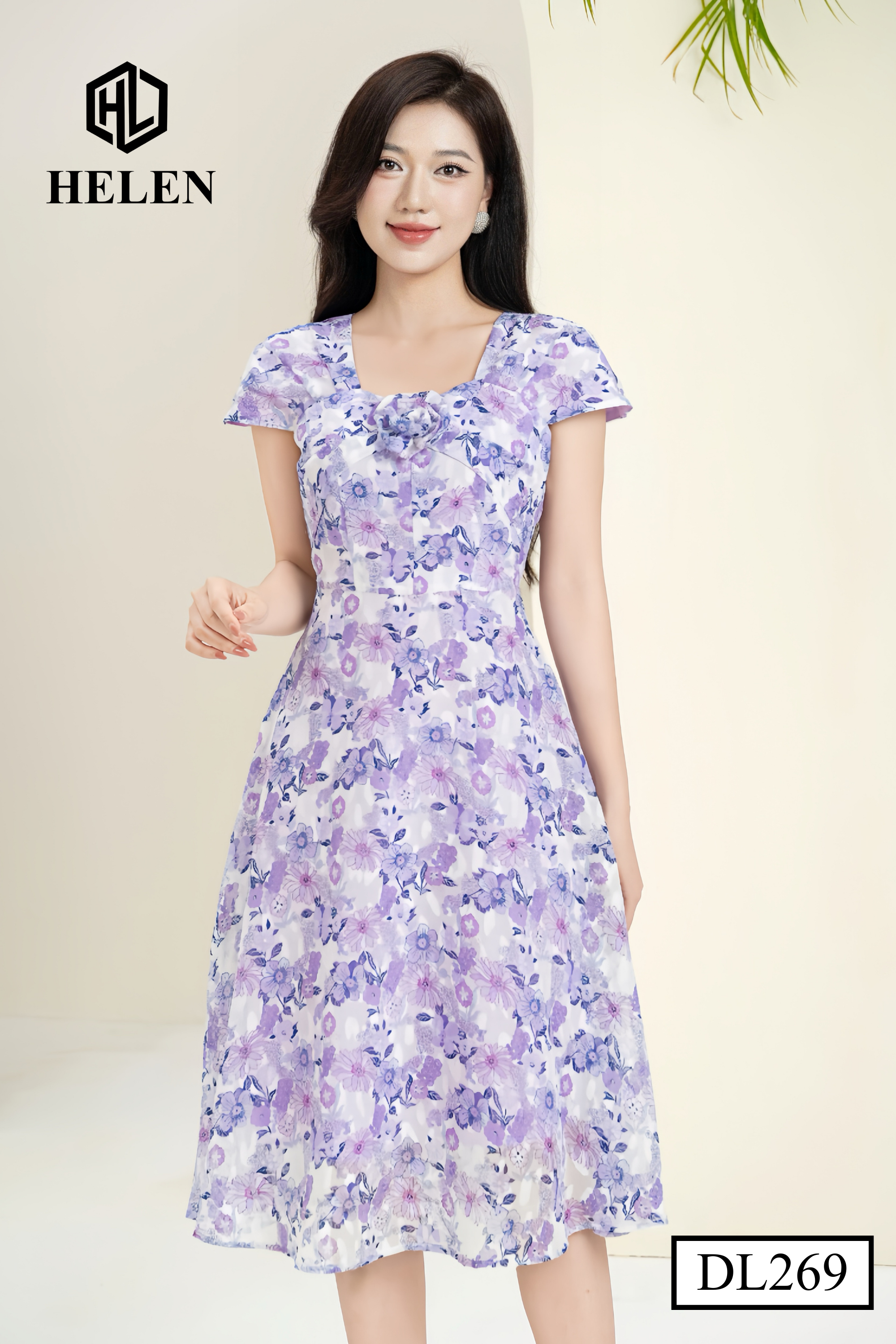 Đầm xòe hoa tím cổ vuông đính hoa ngực DL269_thumbnail_3