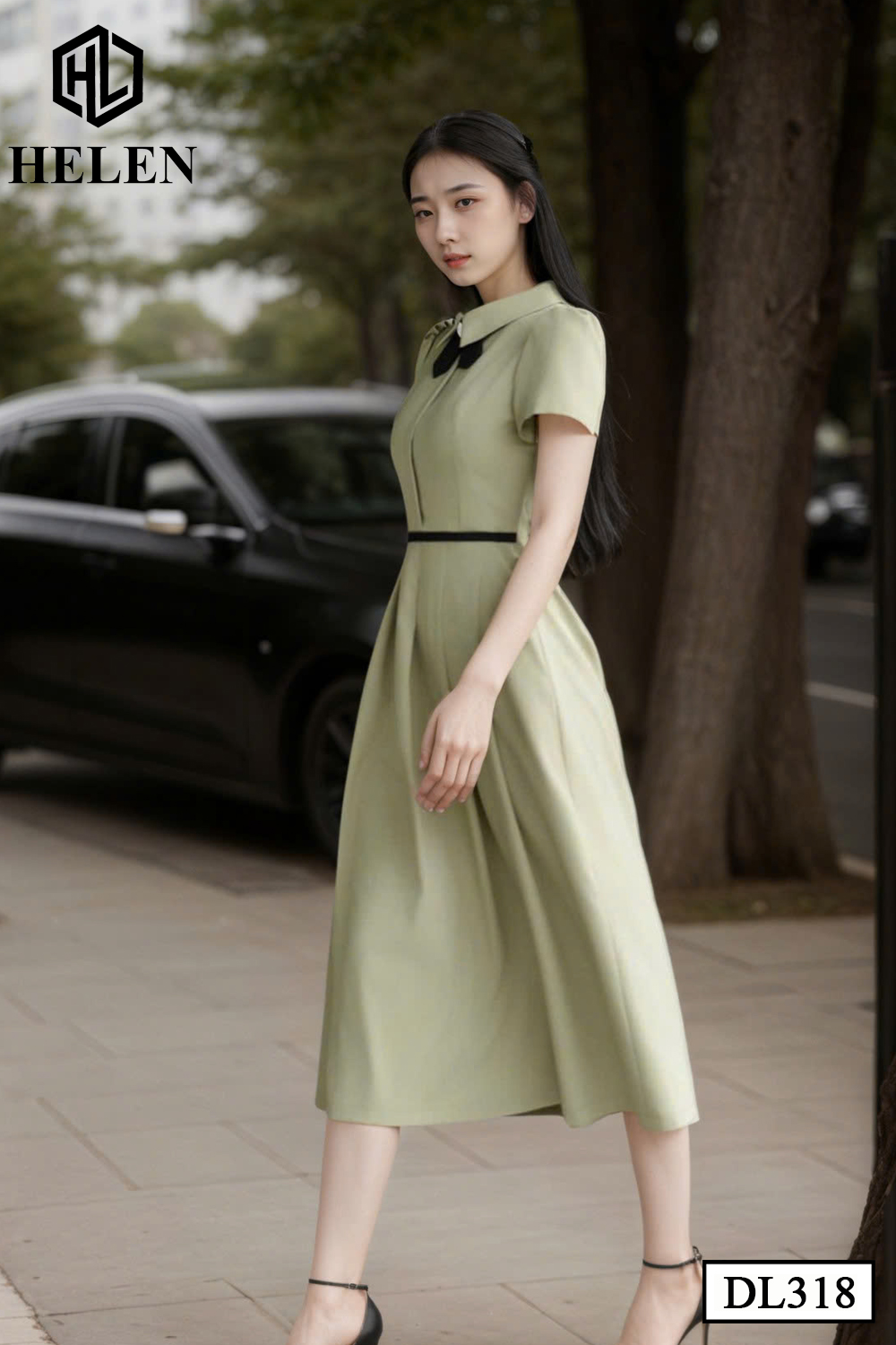 Đầm xòe xanh oliu phối nơ đen DL318