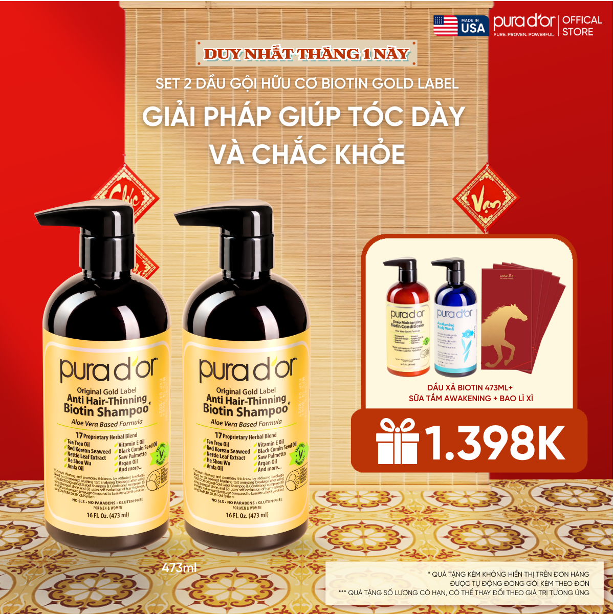 Set 2 Dầu Gội Biotin Pura D'or Original Gold Label Chăm Sóc Da Đầu, Giảm Rụng Tóc, Hỗ Trợ Mọc Tóc 473ml