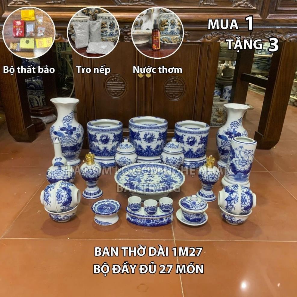 HG361 Đồ Thờ Cúng Bộ 27 món ban thờ 1M27 men lam nghệ nhân Bát Tràng chế tác TẶNG Thất Bảo, Tro Nếp