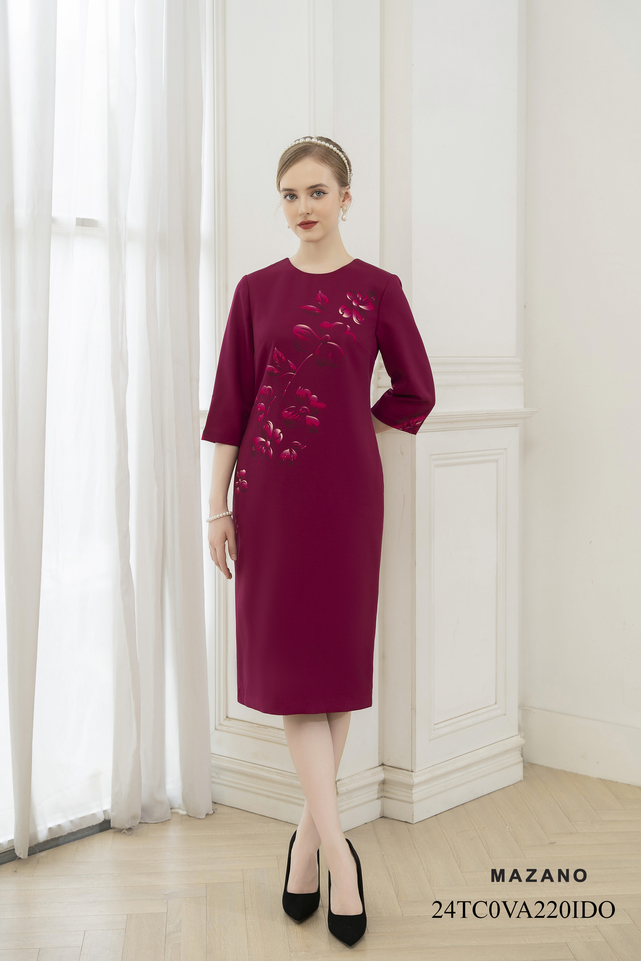 Váy Đầm suông Vải Thô  in hoa bố cục Cổ tròn Dài tới bắp chân-VA220IDO_thumbnail_1