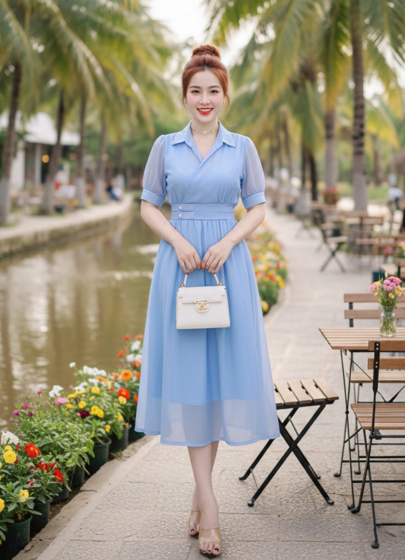 Đầm xòe cổ sơ mi nhún eo_thumbnail_4